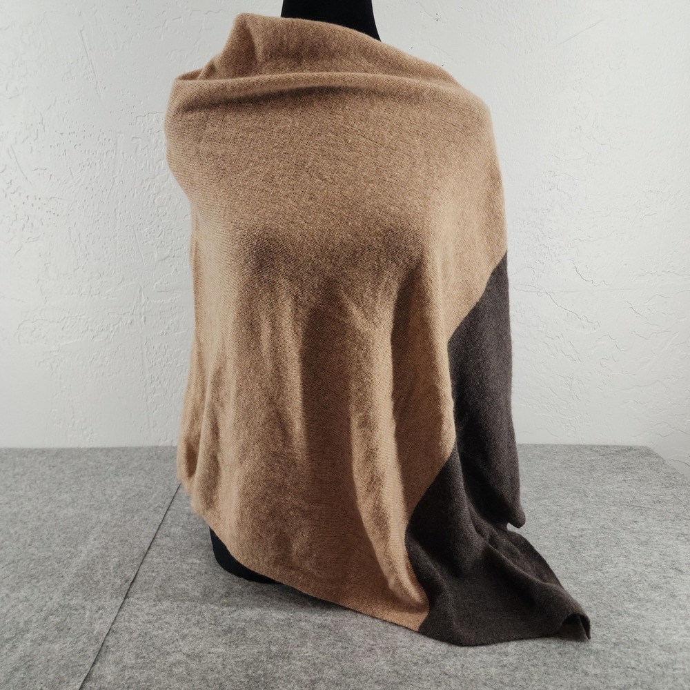 Celeste Tan Brown Colorblock Wool Cashmere Blend Poncho Wrap Shawl Womens OS